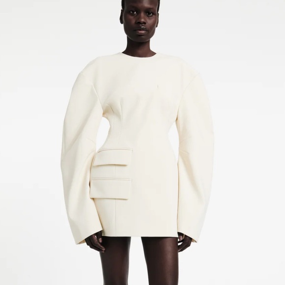 AWAKE ROUNDED SLEEVE TAILORED MINI DRESS ECRU FR 40 - Picture 1 of 4